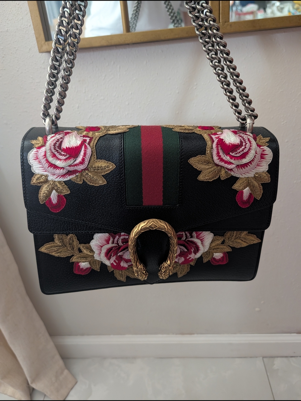 Black Embroidered Floral Shoulder Bag with Chain Strap